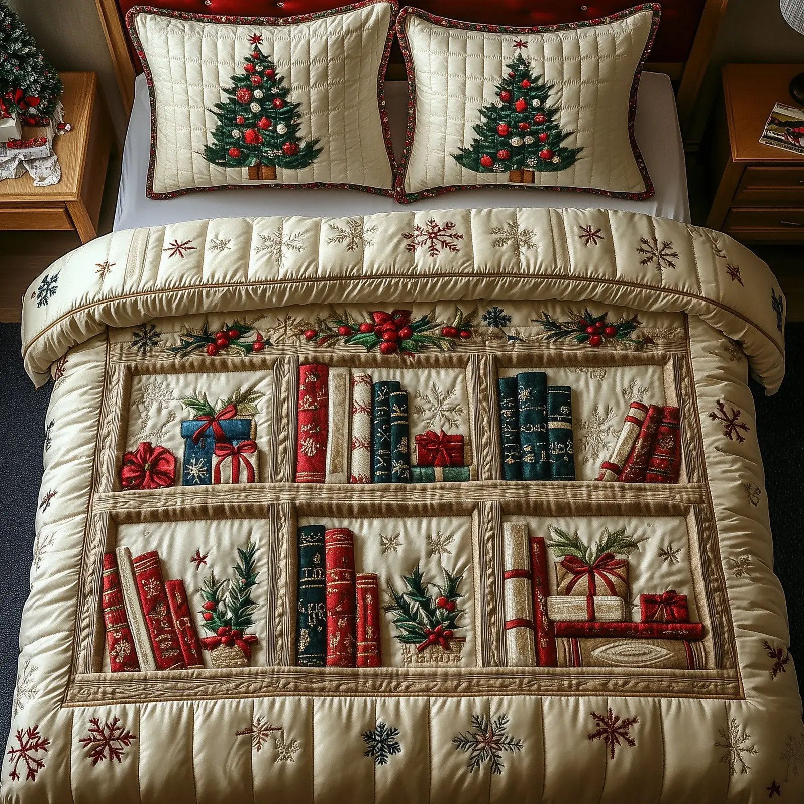 Festive Bookish Christmas Quilted Bedding Set Duvet Cover Bedspread Xmas Theme Gifts For Book Lovers