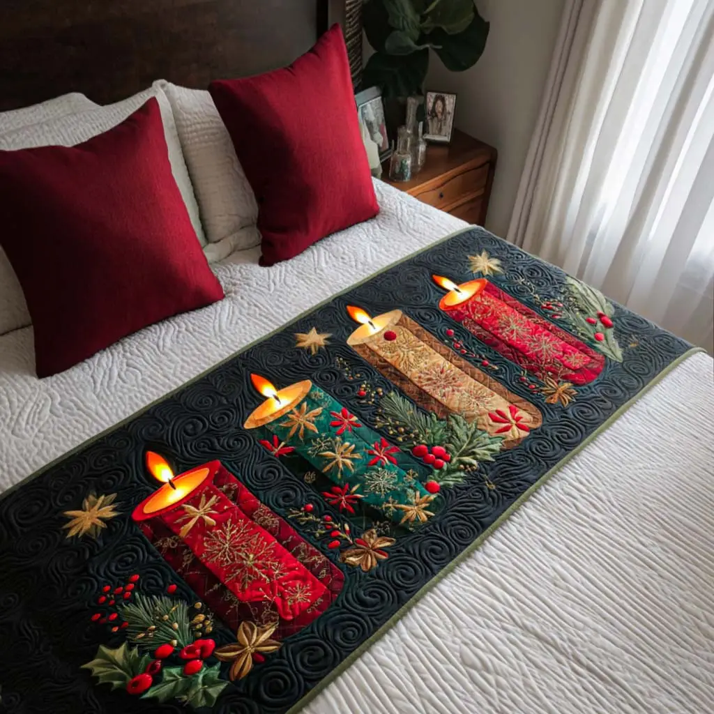 Festive Candles Quilted Bed Runner Festive Candle Glow Christian Holiday Gift