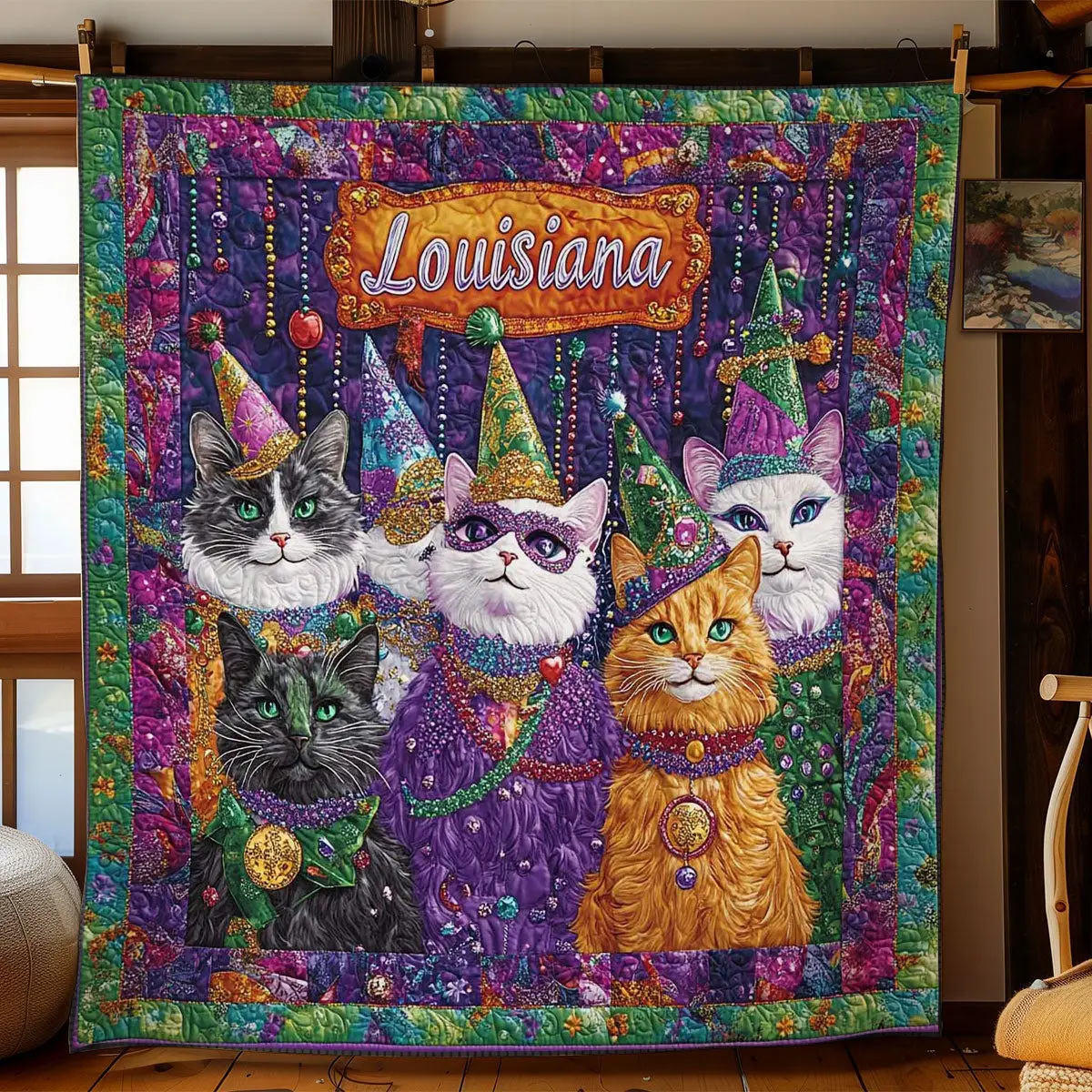 Festive Cat Quilted Blanket Holiday Room Decorations Cat Presents For Cat Lovers