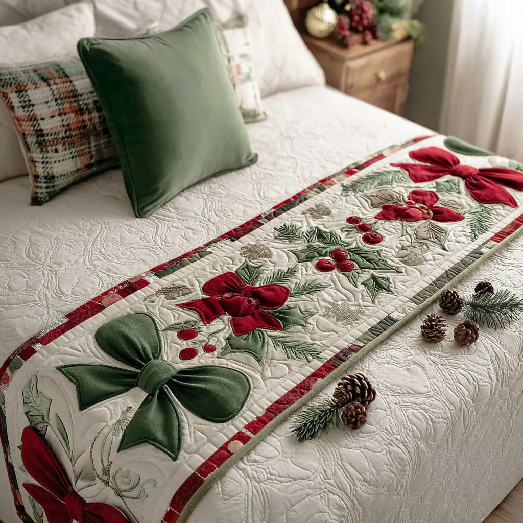Festive Chimes Quilted Bed Runner Cheerful Christmas Feel Gift for Grandma