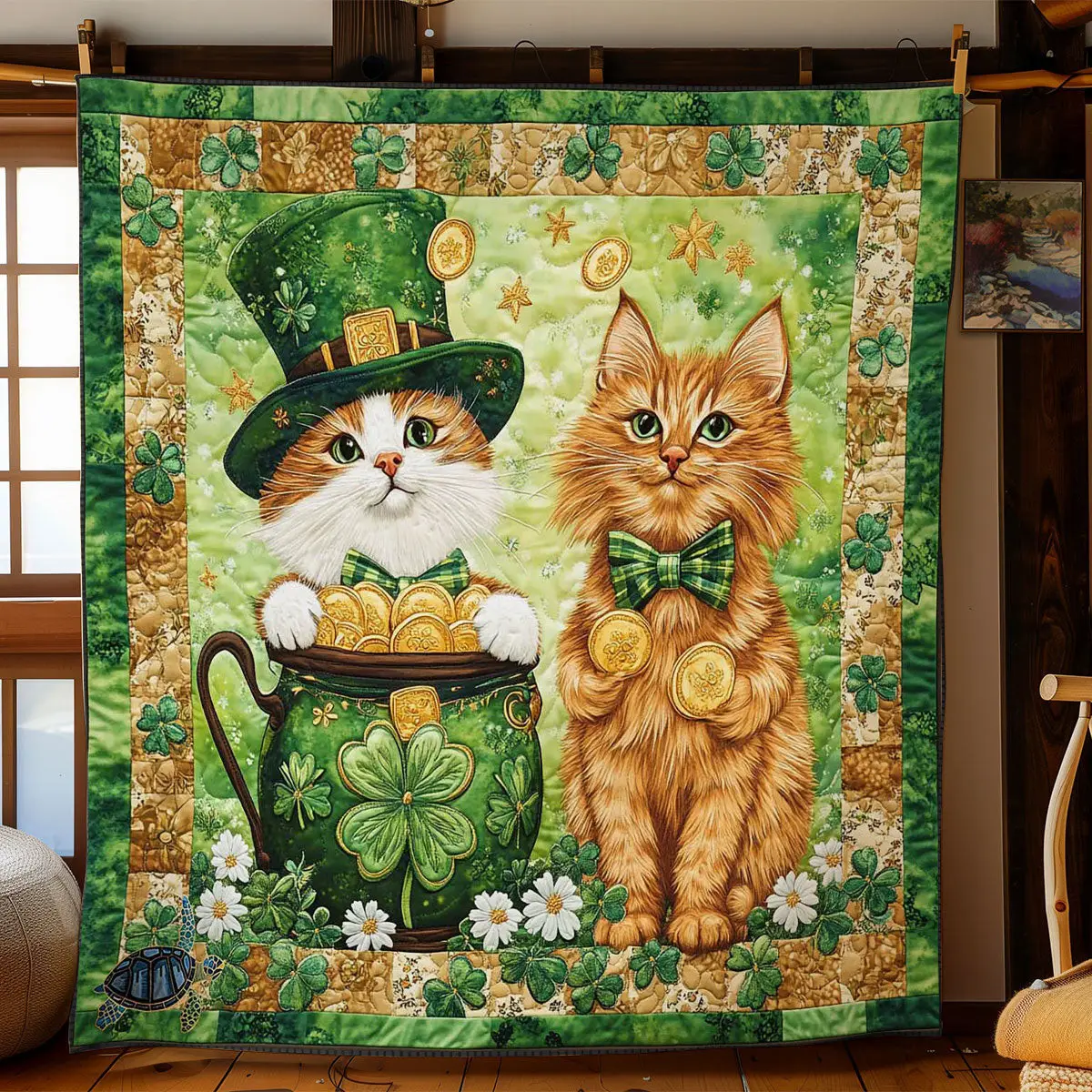 Festive Clover Cats Quilted Blanket Room Accessories St Patricks Day Gift Ideas For Family