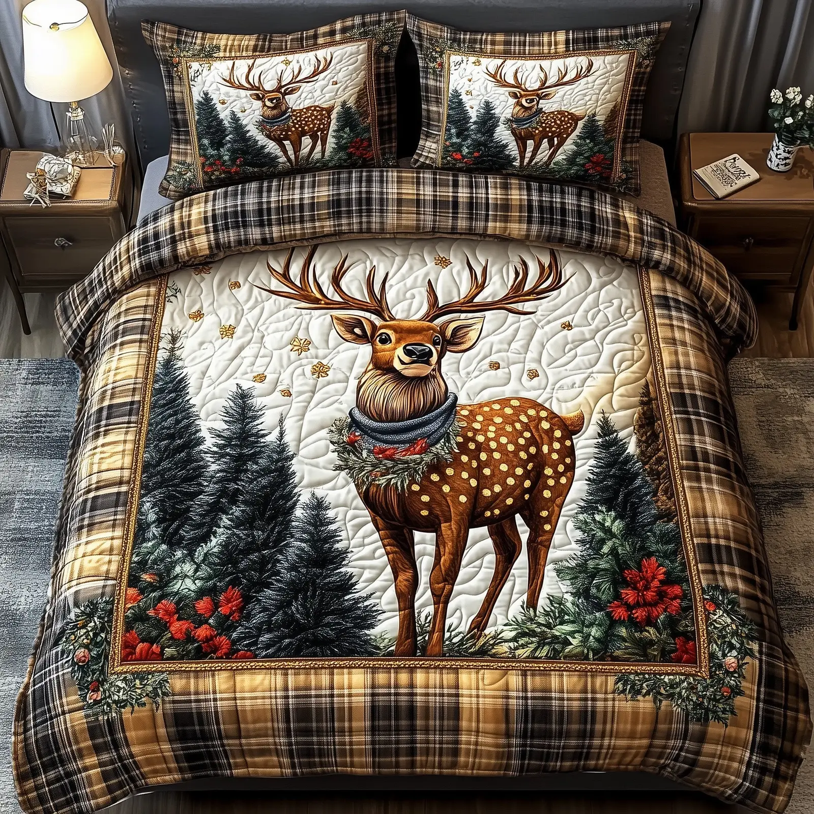 Festive Deer Christmas Quilted Bedding Set Duvet Cover Bedspread Xmas Animal Theme Gifts For Daughter