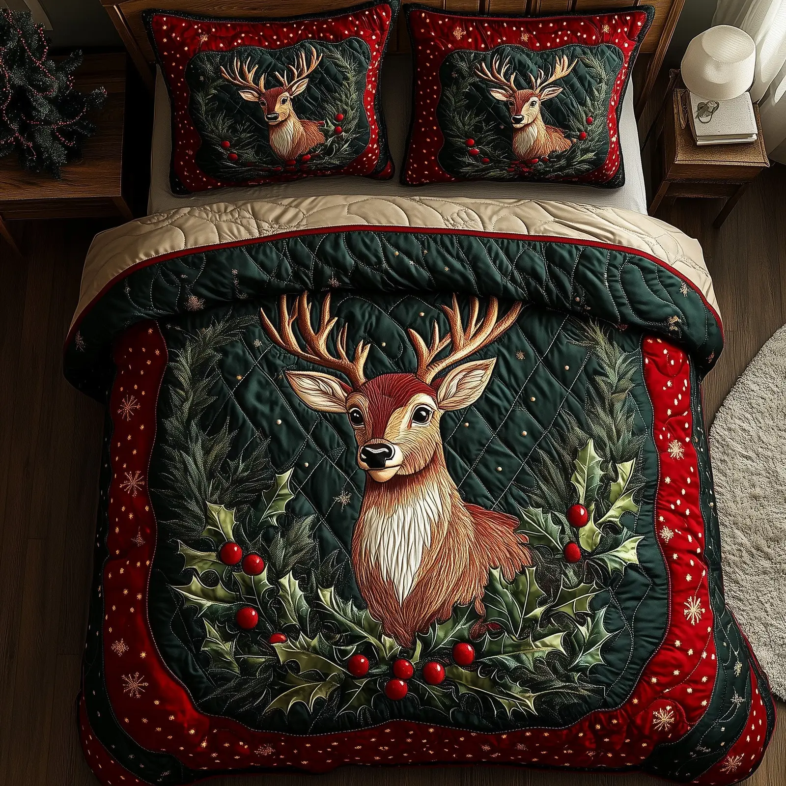 Festive Deer Christmas Quilted Bedding Set Duvet Cover Bedspread Xmas Animal Theme Gifts