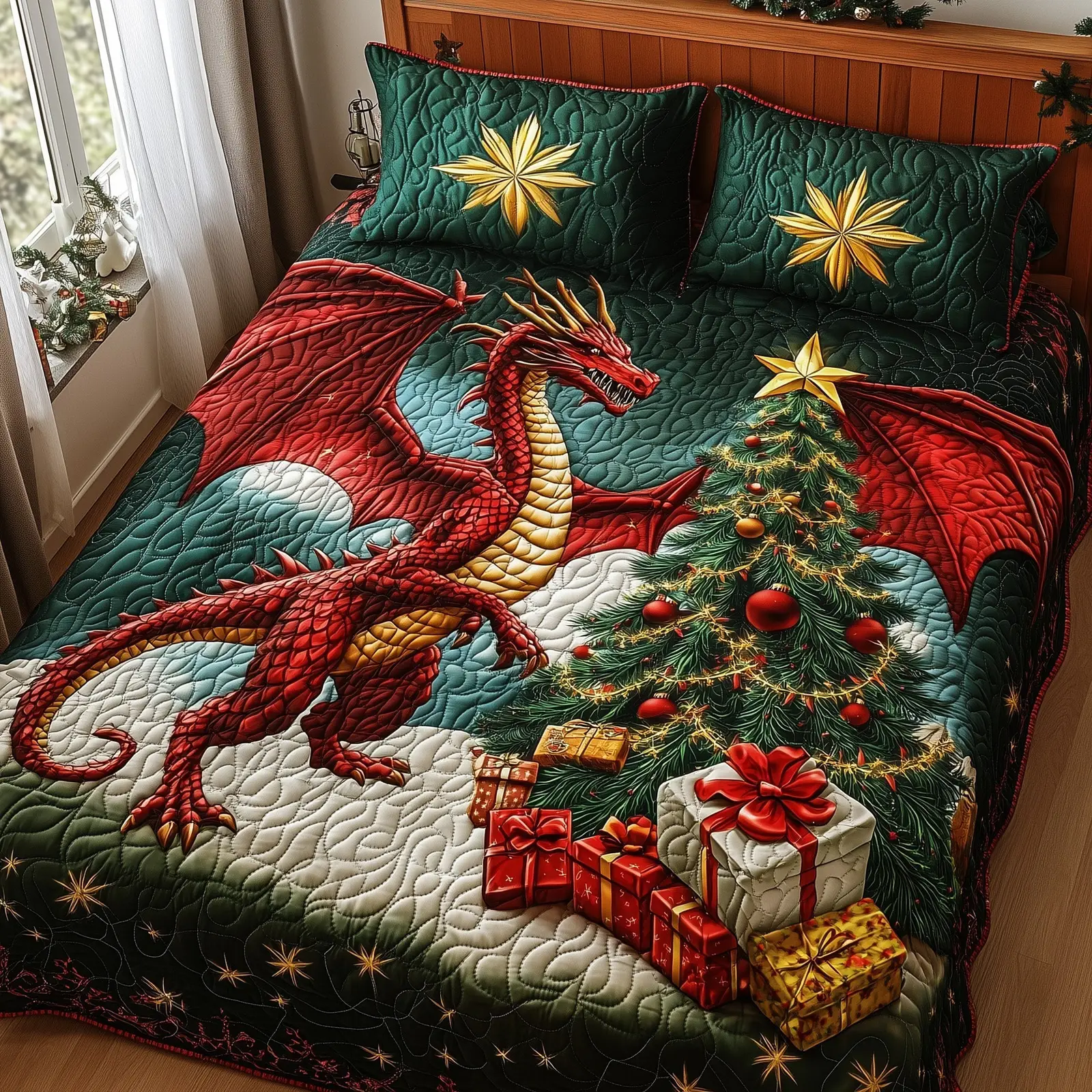 Festive Dragon Quilted Bedding Set  Bed Decor Dragon Pine And Gifts Xmas Dragoy Gift Ideas