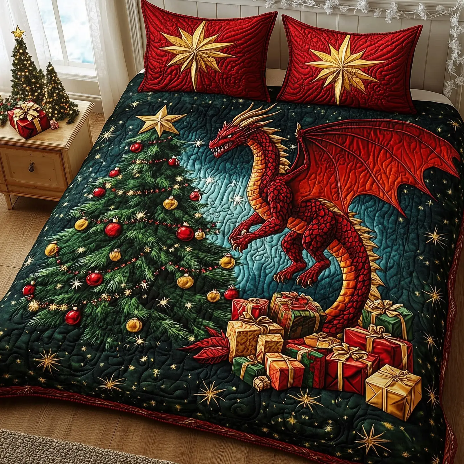 Festive Dragon Quilted Bedding Set  Duvet Cover Dragon Pine And Gifts Xmas Gift For Dragon Lover