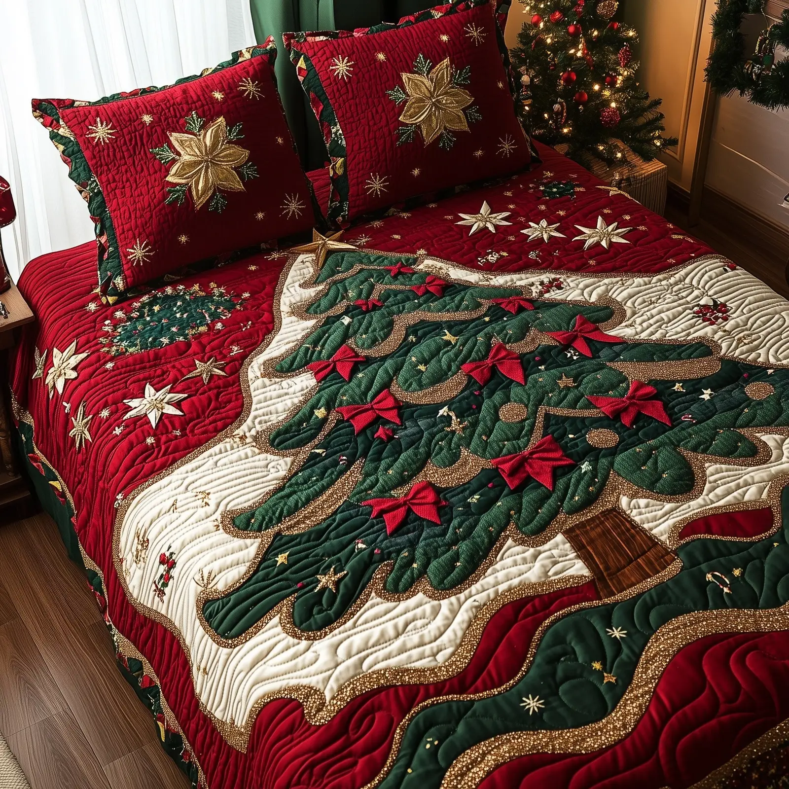 Festive Evergreen Quilted Bedding Set Bedroom Pine Tree Christmas Holiday Gifts Festive Evergreen Quilted Bedding Set Bedroom Pine Tree Christmas Holiday Gifts - Image 1