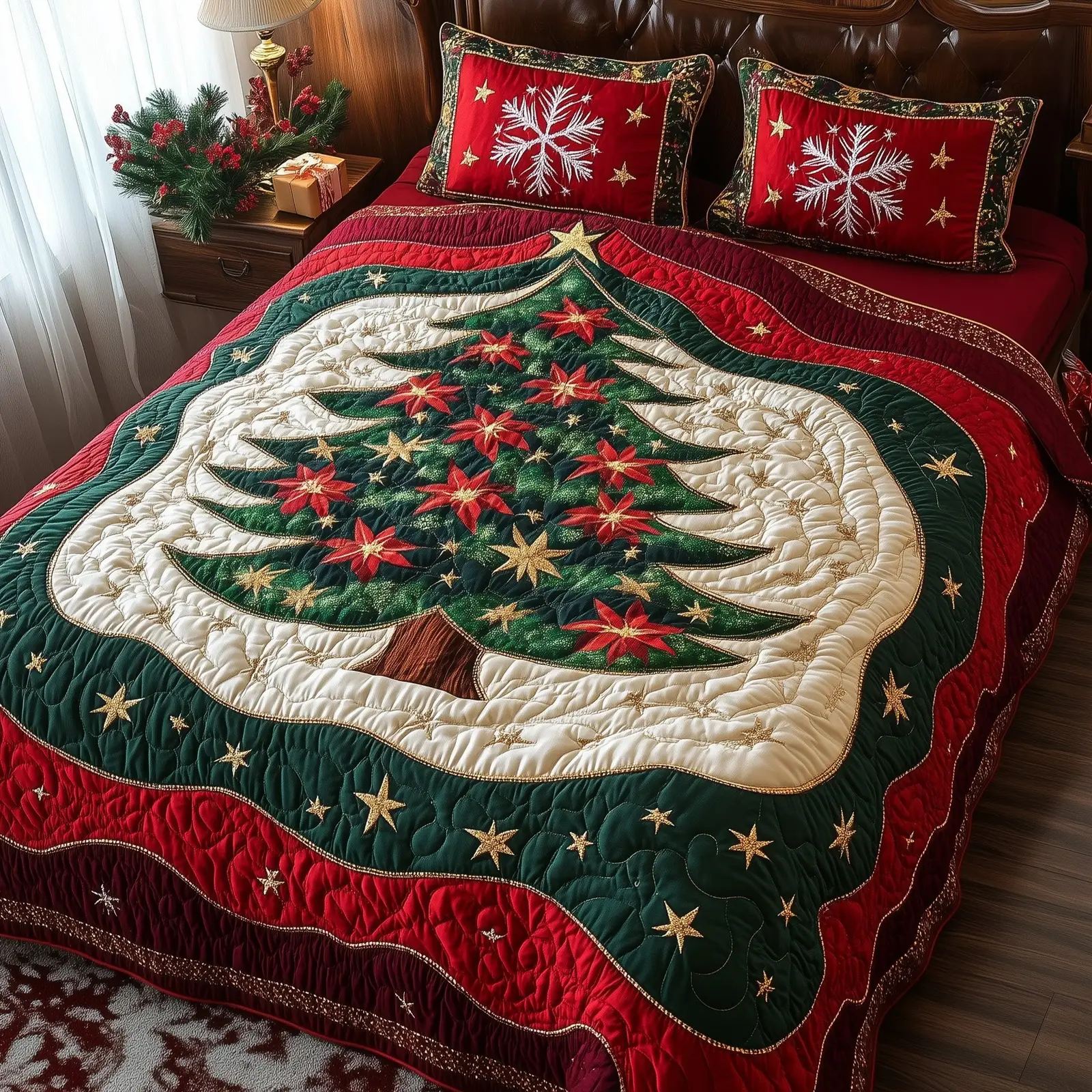Festive Evergreen Quilted Bedding Set  Duvet Bedspread Pine Tree Christmas Gift Ideas