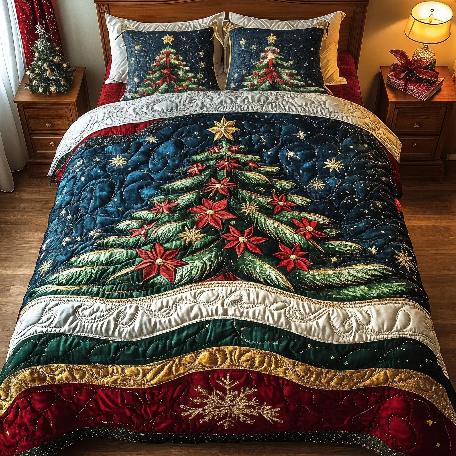 Festive Evergreen Quilted Bedding Set  Duvet Cover Pine Tree Christmas Holiday Gift Ideas