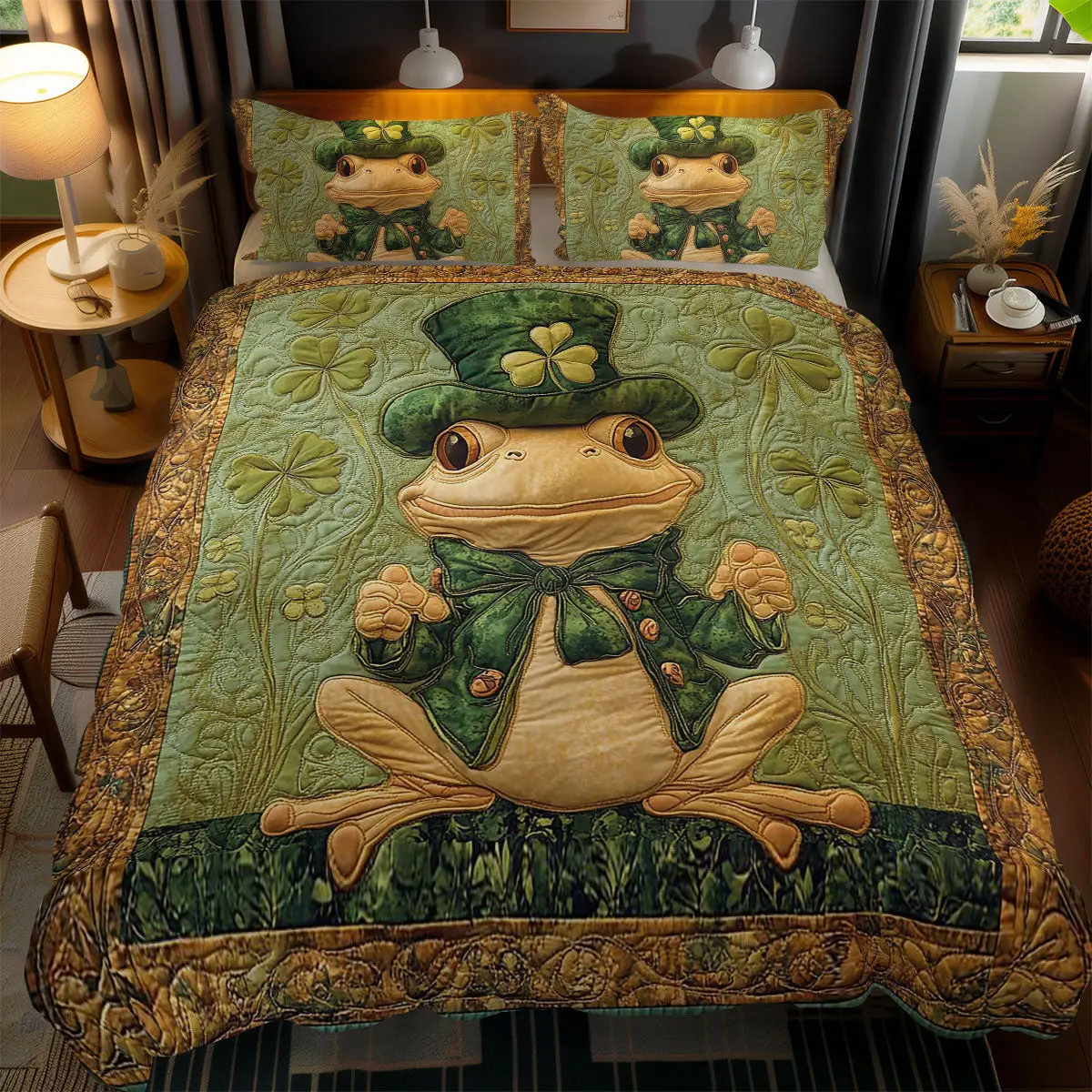 Festive Frog Quilted Bedding Set Shamrock Duvet Cover St Patricks Day Gift Ideas