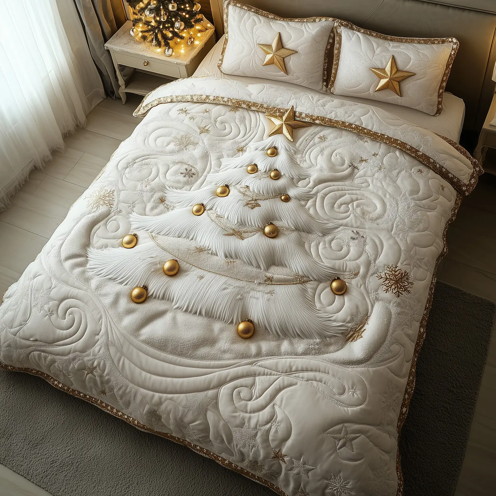 Festive Glow Christmas Quilted Bedding Set Duvet Cover Bedspread Pine Tree Cute Xmas Gifts