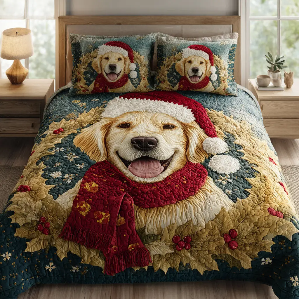 Festive Golden Retriever Quilted Bedding Set Personalized Bedding Set Gift for Couples