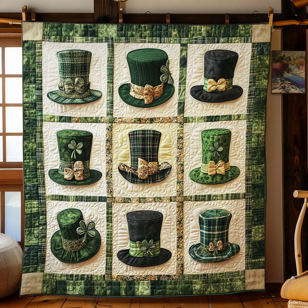 Festive Green Hat Quilted Blanket Bedding Decor Idea St Patricks Day Gift For Grandpa