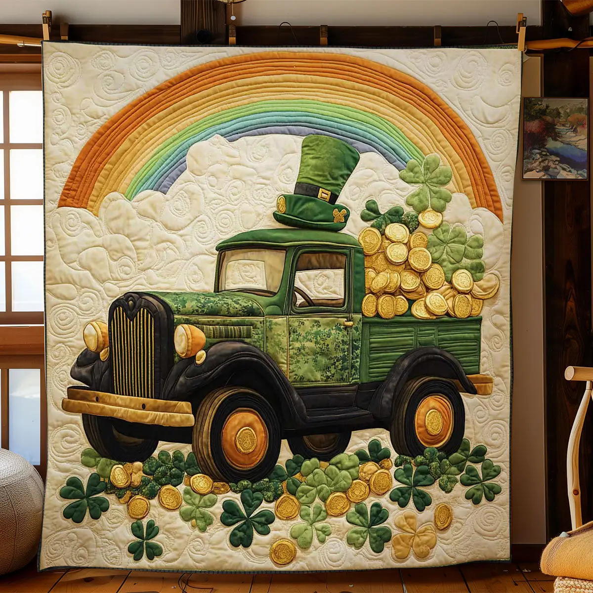Festive Green Truck Quilted Blanket Cozy Bedroom Idea St Patrick's Day Presents Idea