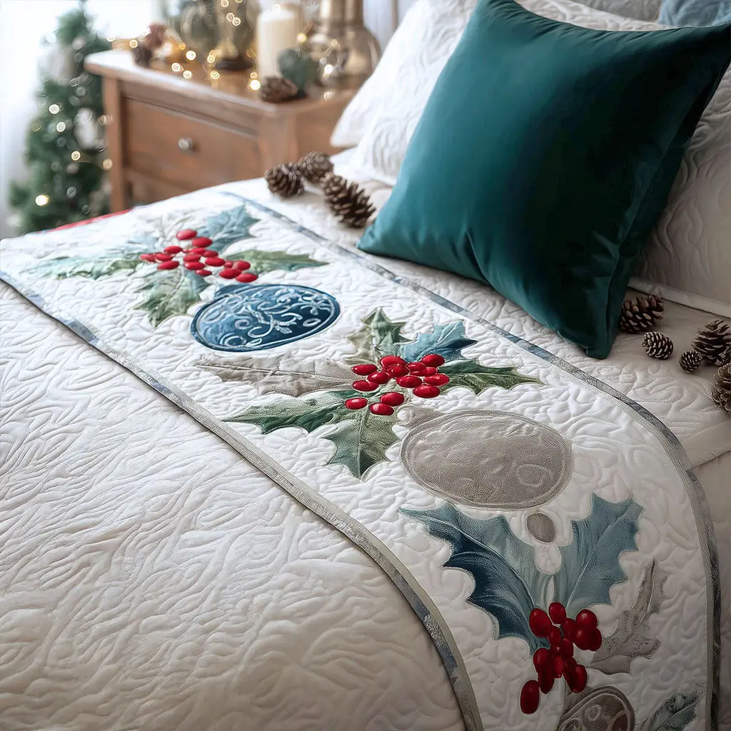 Festive Holly Quilted Bed Runner Holiday Holly Look Gift for Mom