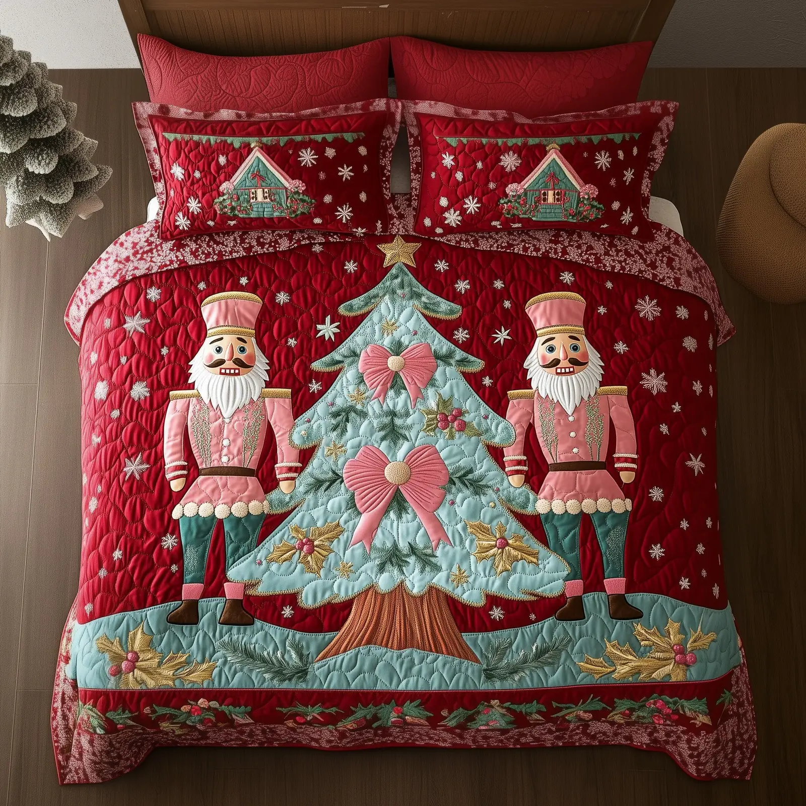Festive Nutcracker Christmas Quilted Bedding Set Duvet Cover Bedspread Cute Xmas Theme Presents For Kids