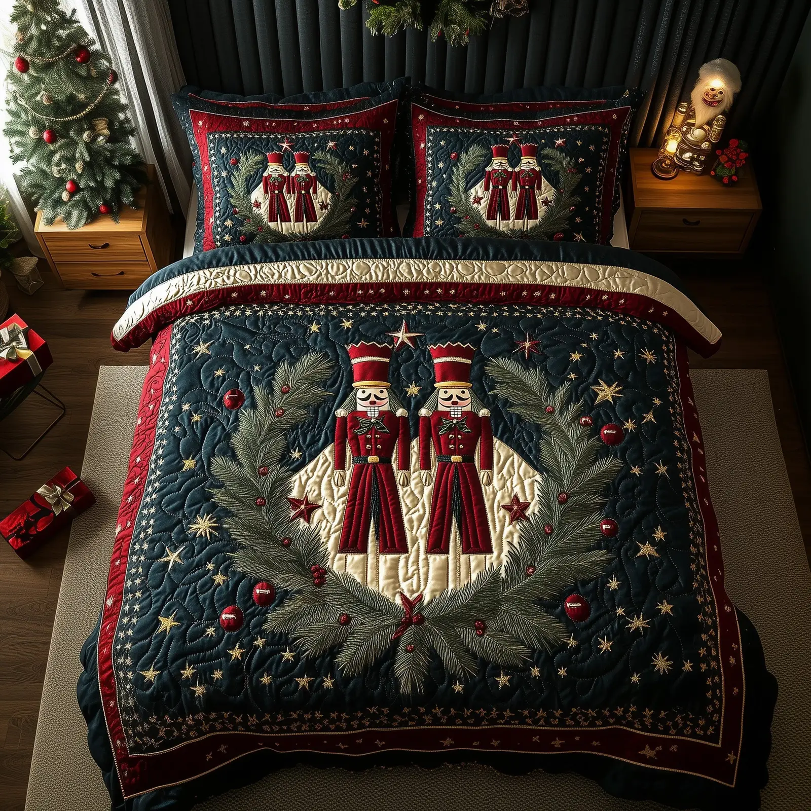 Festive Nutcracker Christmas Quilted Bedding Set Duvet Cover Bedspread Nutcracker Soldiers Gifts For Couples