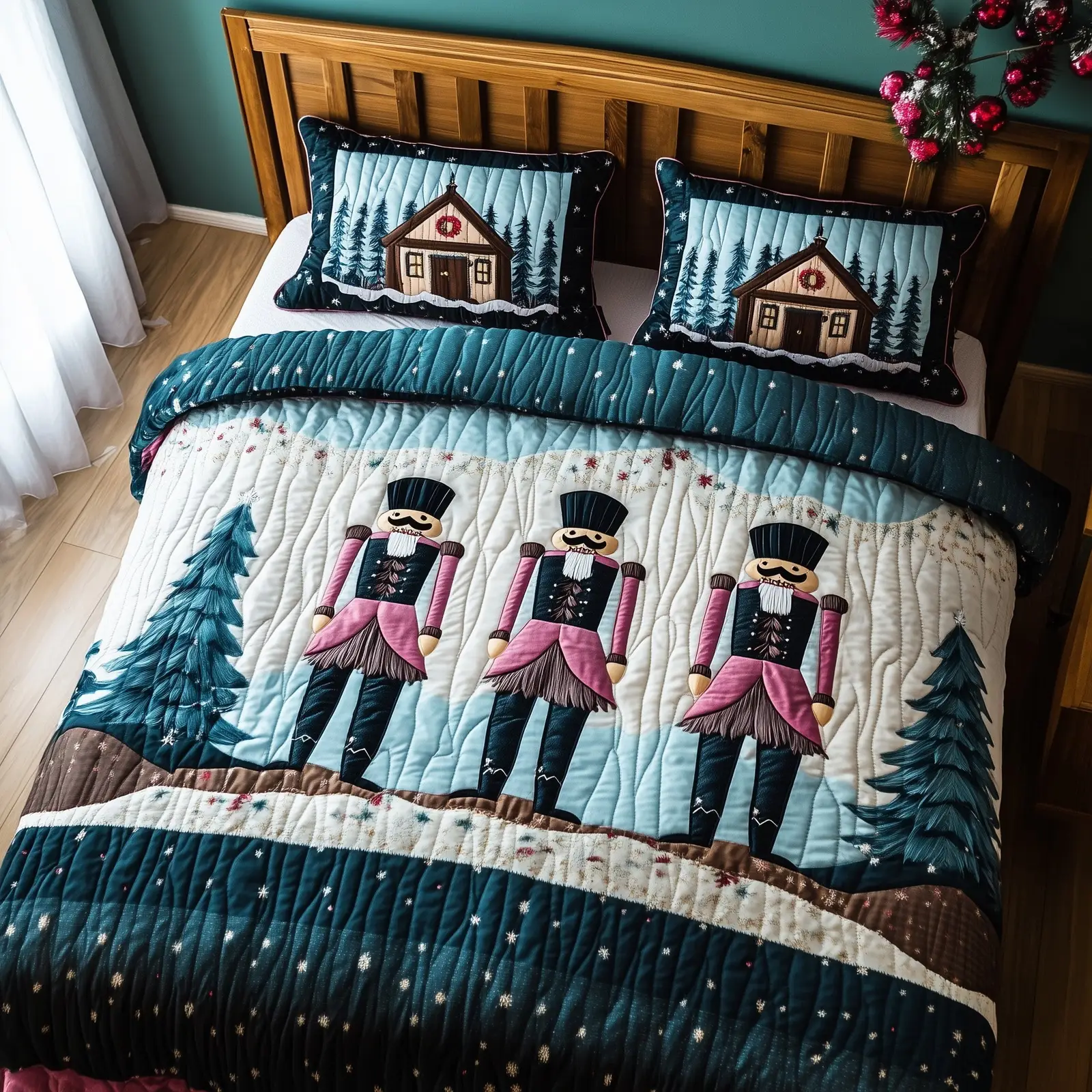 Festive Nutcracker Christmas Quilted Bedding Set Duvet Cover Bedspread Nutcracker Soldiers Themed