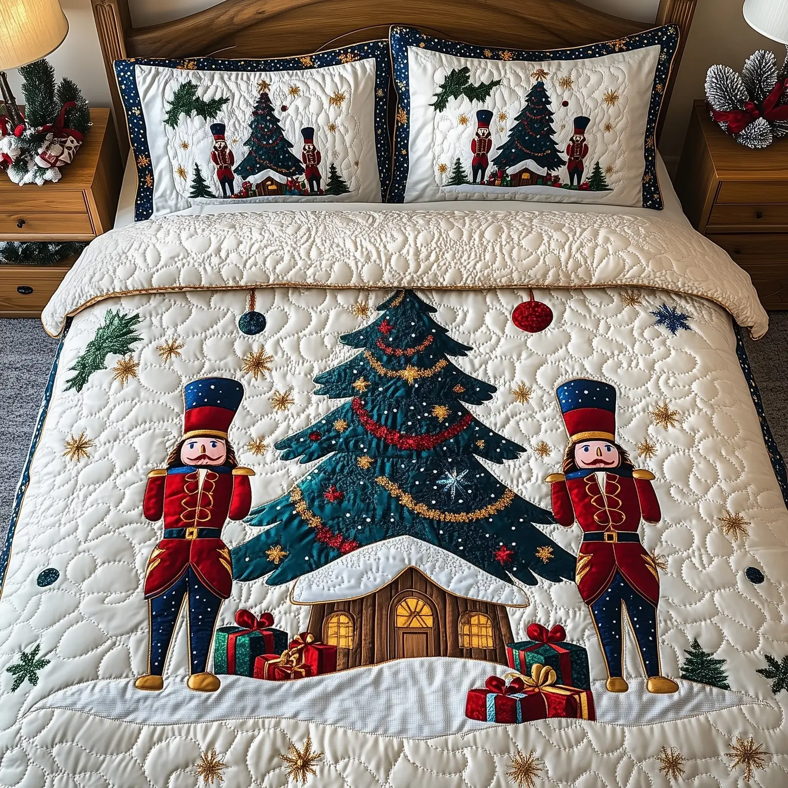 Festive Nutcracker Christmas Quilted Bedding Set Duvet Cover Bedspread Nutcracker Soldiers Themed Presents For Kids