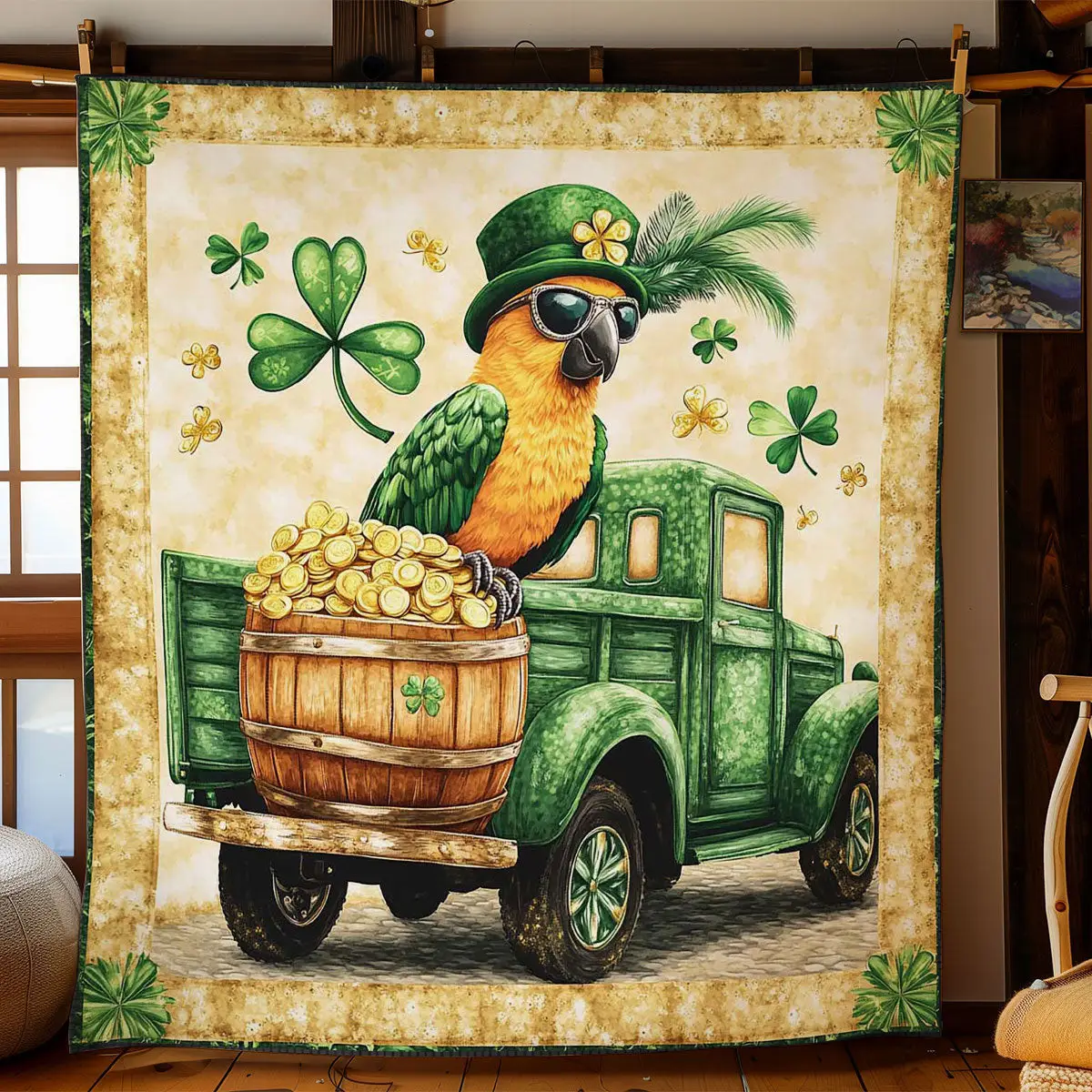 Festive Parrot Truck Quilted Blanket Cozy Bedroom Idea St Patricks Day Presents Idea