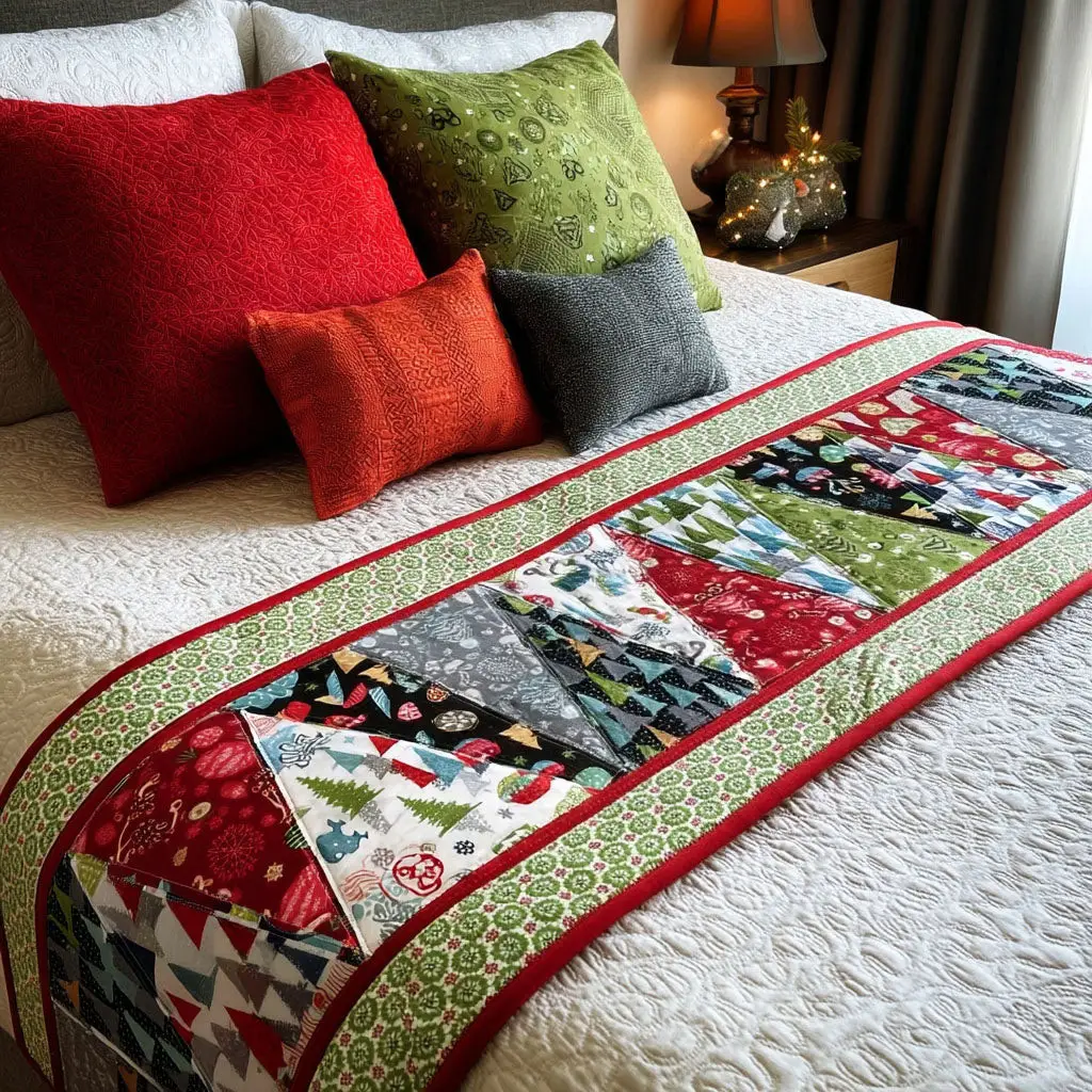 Festive Patchwork Quilted Bed Runner Festive Patchwork Holiday Gift Festive Patchwork Quilted Bed Runner Festive Patchwork Holiday Gift - Image 1