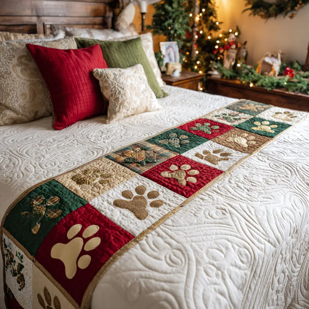 Festive Pawline Quilted Bed Runner Festive Paw Design Holiday Home Gift