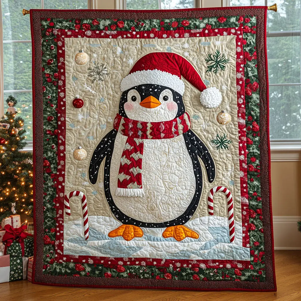 Festive Penguin Quilt Perfect Housewarming Gift with Quilt Blanket