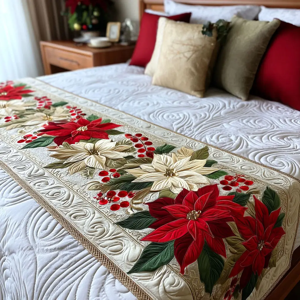 Festive Petals Quilted Bed Runner Holiday Petal Design Christmas Gift for Mom