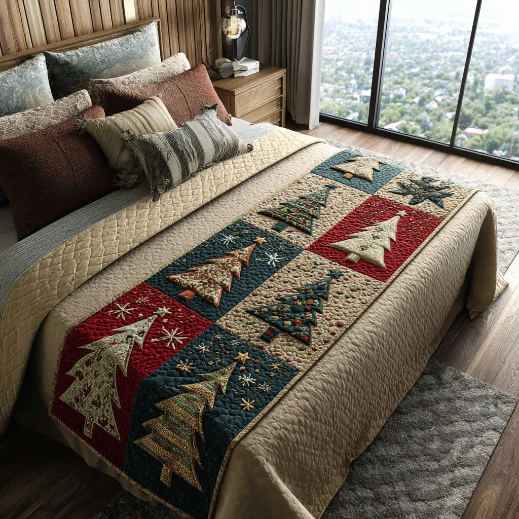 Festive Pines Quilted Bed Runner Christmas Pine Forest Holiday Gift for Husband