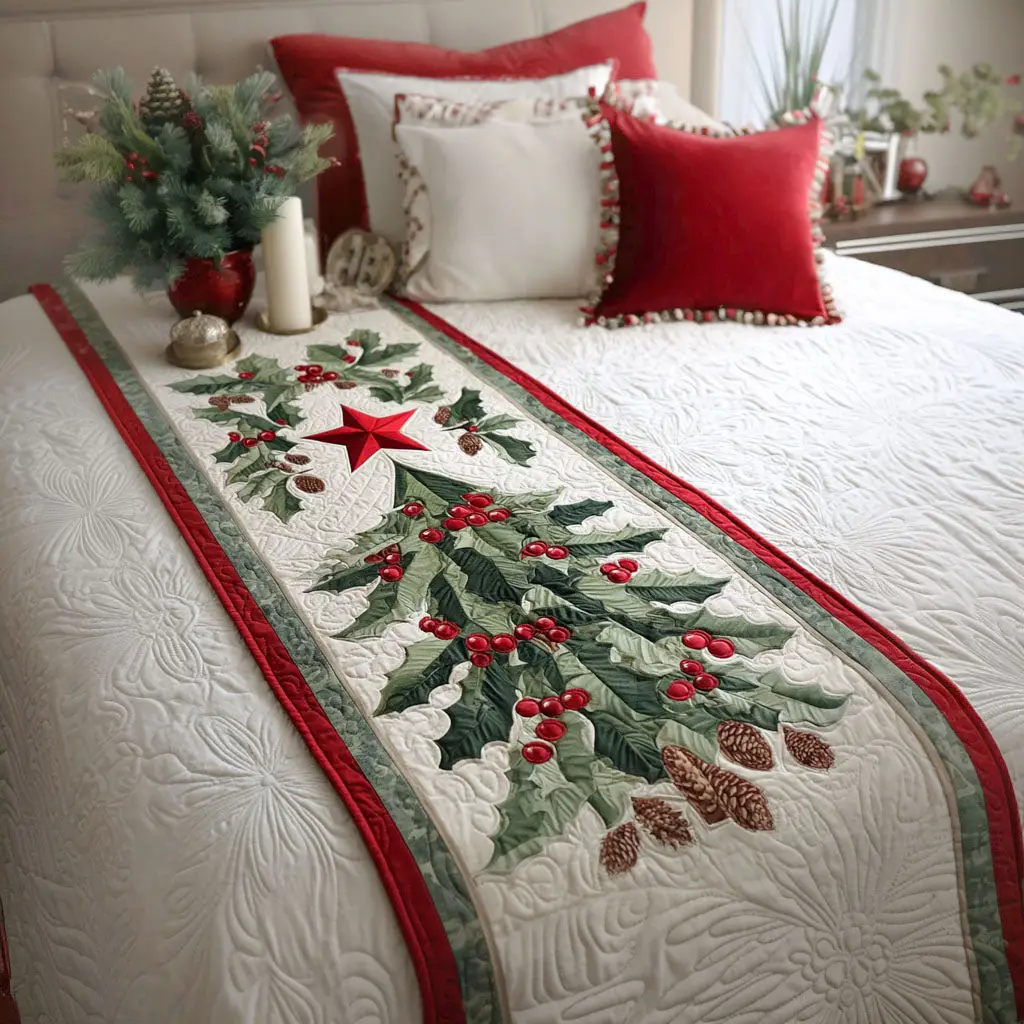 Festive Pines Quilted Bed Runner Christmas Pine Path Holiday Gift