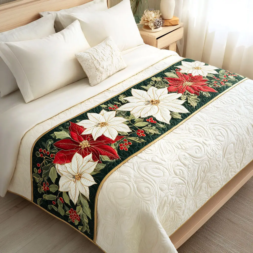 Festive Poinsettia Quilted Bed Runner Festive Holiday Poinsettia Seasonal Home Gift Festive Poinsettia Quilted Bed Runner Festive Holiday Poinsettia Seasonal Home Gift - Image 1