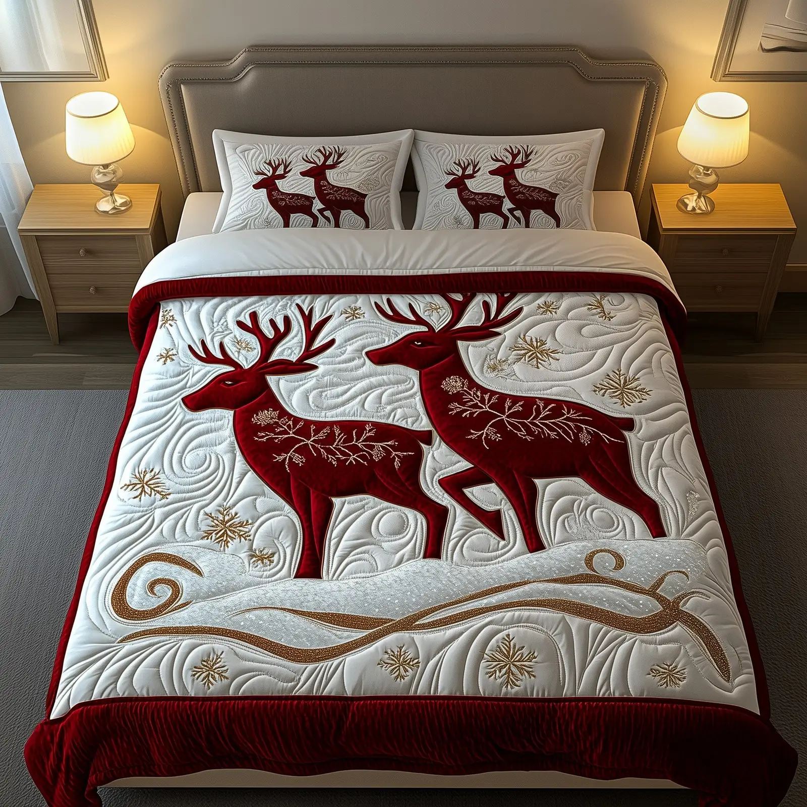 Festive Reindeer Christmas Quilted Bedding Set Duvet Cover Bedspread Xmas Reindeer Best Gifts