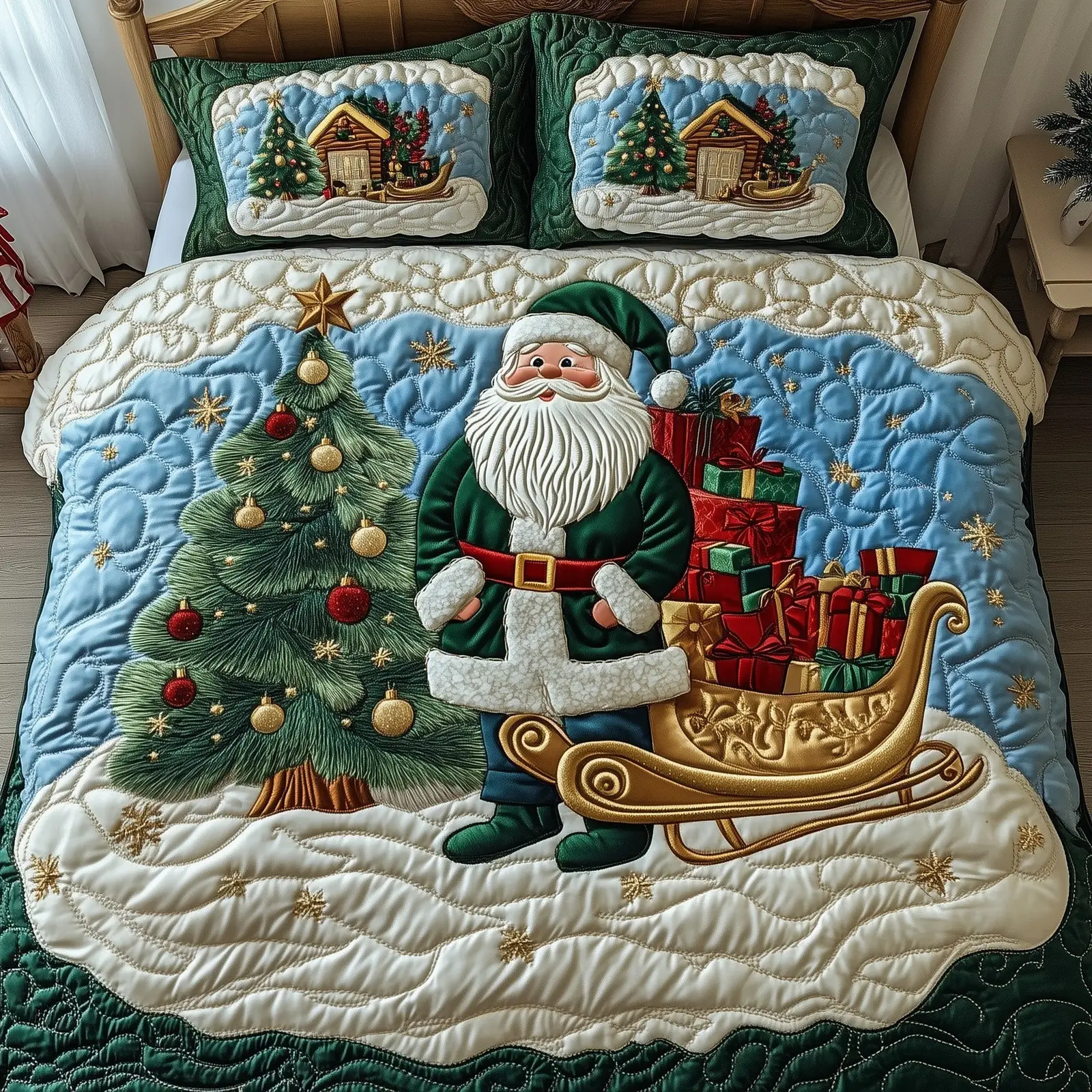 Festive Santa Christmas Quilted Bedding Set Duvet Cover Bedspread Santa Claus Theme Cute Xmas