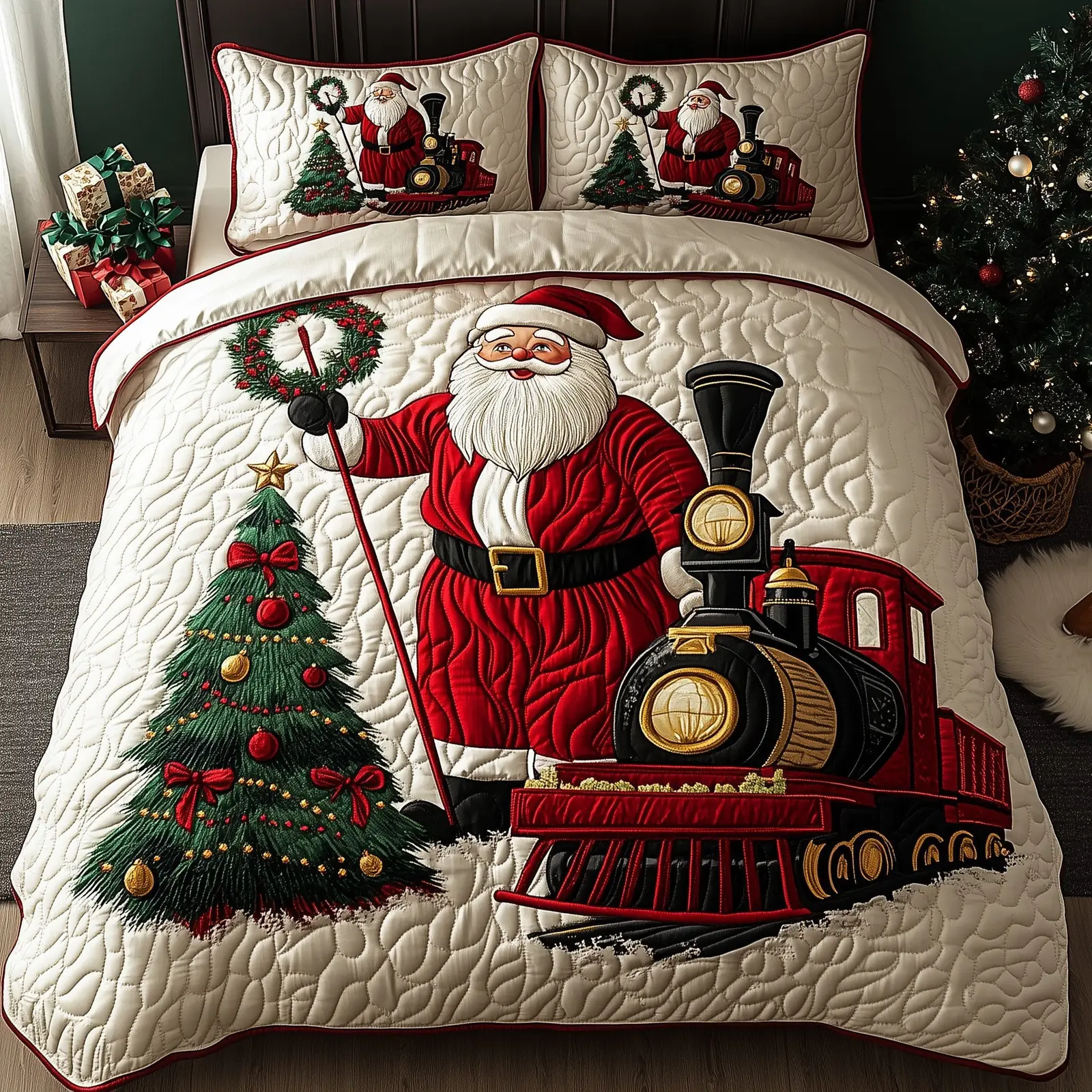 Festive Santa Christmas Quilted Bedding Set Duvet Cover Bedspread Santa Claus Theme Cute Xmas Presents For Daughter