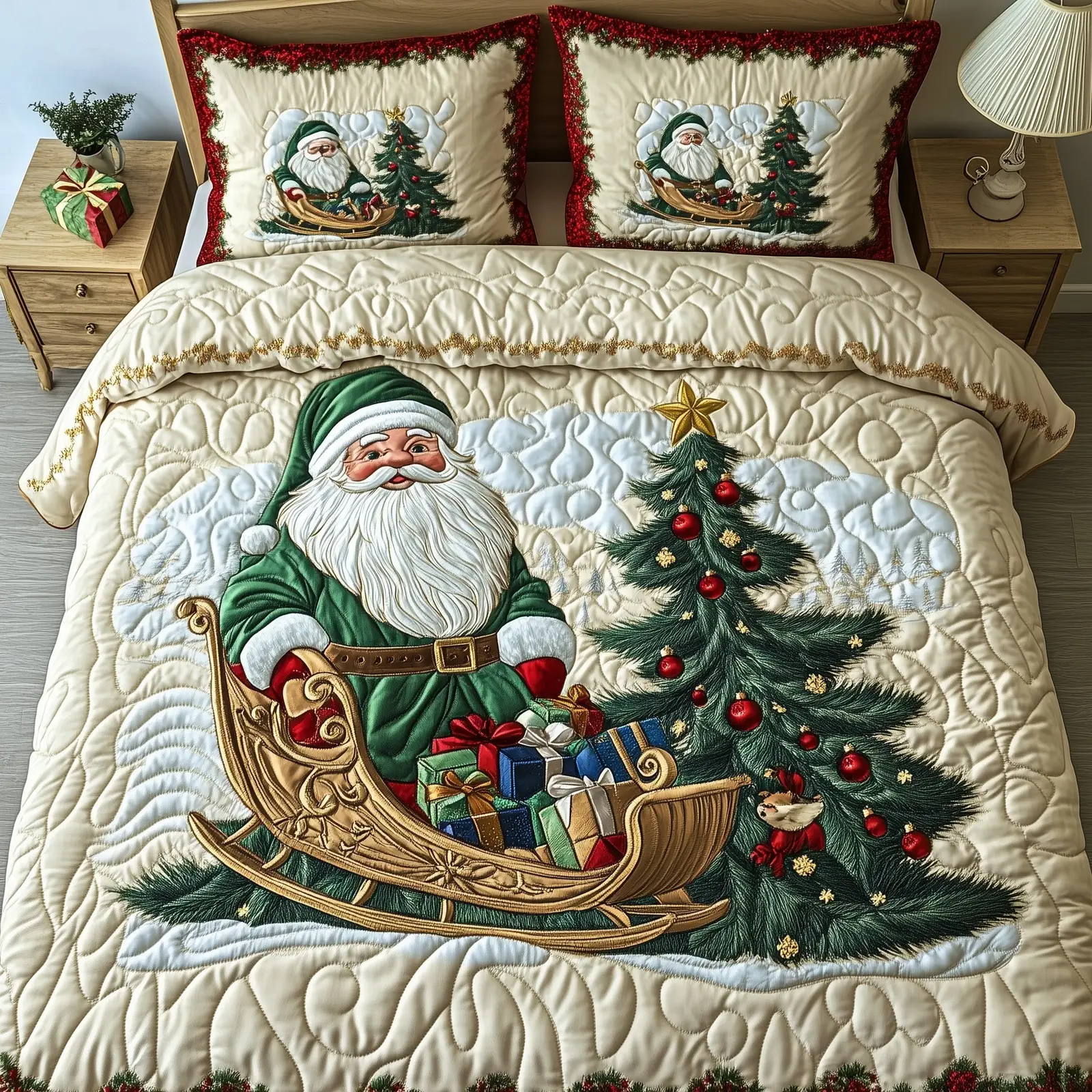 Festive Santa Christmas Quilted Bedding Set Duvet Cover Bedspread Santa Claus Theme Cute Xmas Presents For Girlfriend