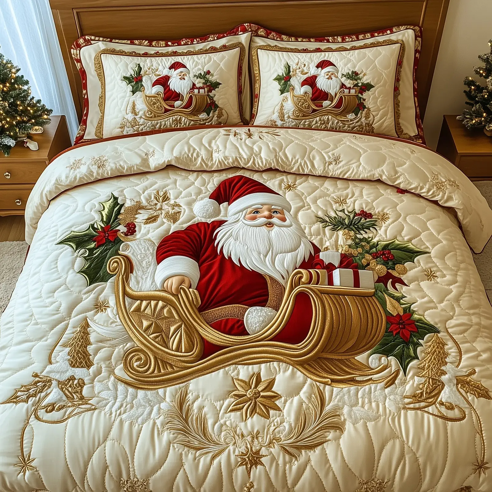 Festive Santa Christmas Quilted Bedding Set Duvet Cover Bedspread Santa Claus Theme Cute Xmas Presents For Lovers