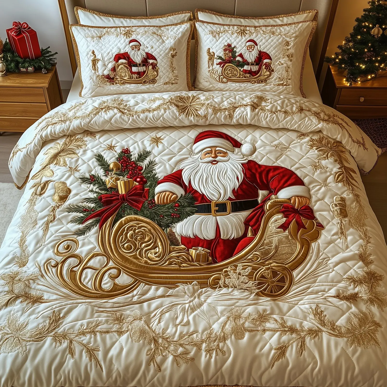 Festive Santa Christmas Quilted Bedding Set Duvet Cover Bedspread Santa Claus Theme Cute Xmas Presents For Son