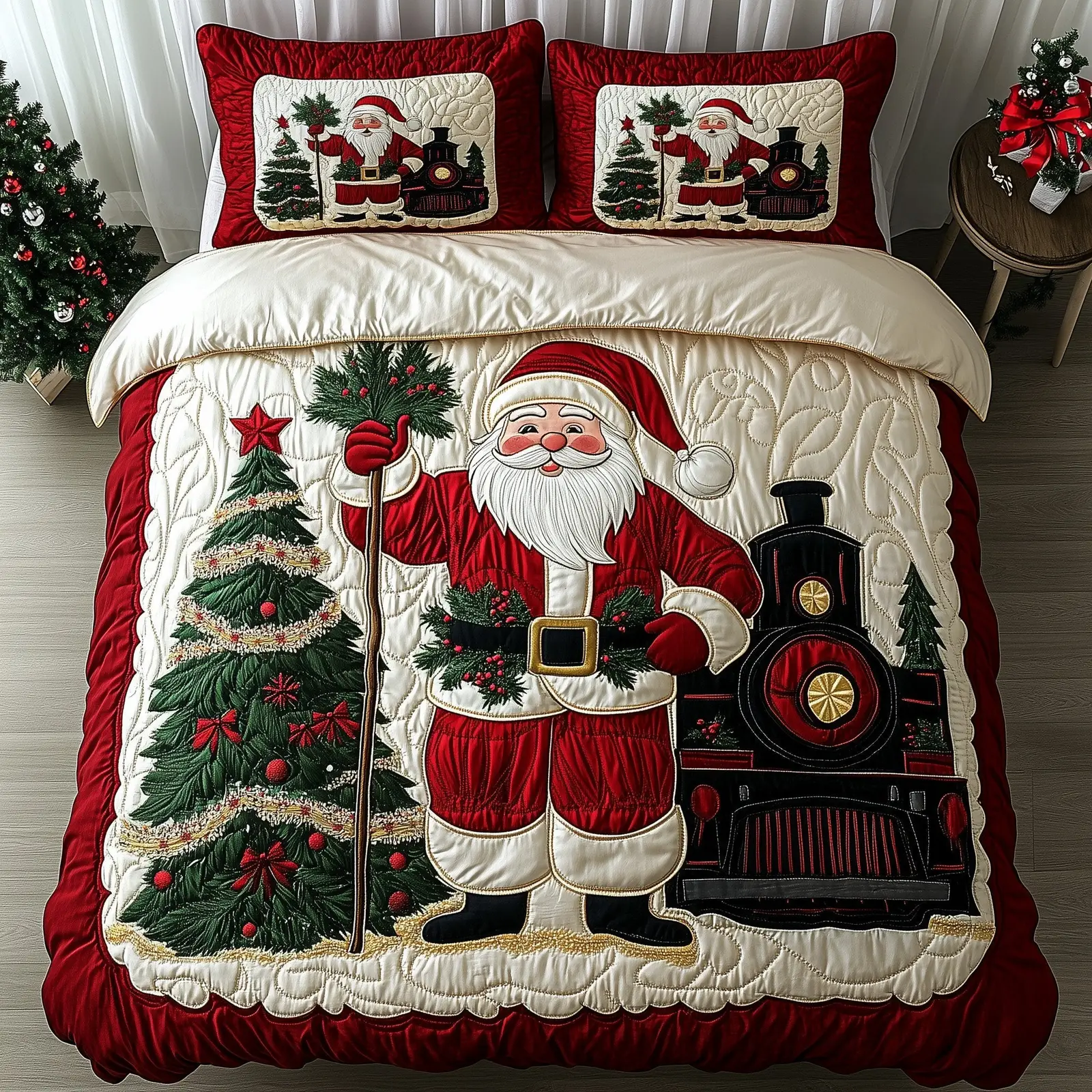 Festive Santa Christmas Quilted Bedding Set Duvet Cover Bedspread Santa Claus Theme Cute Xmas Presents For Teens