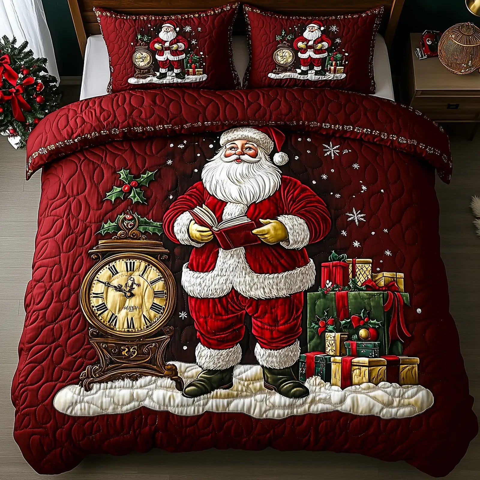 Festive Santa Christmas Quilted Bedding Set Duvet Cover Bedspread Santa Claus Theme Xmas Gift Ideas