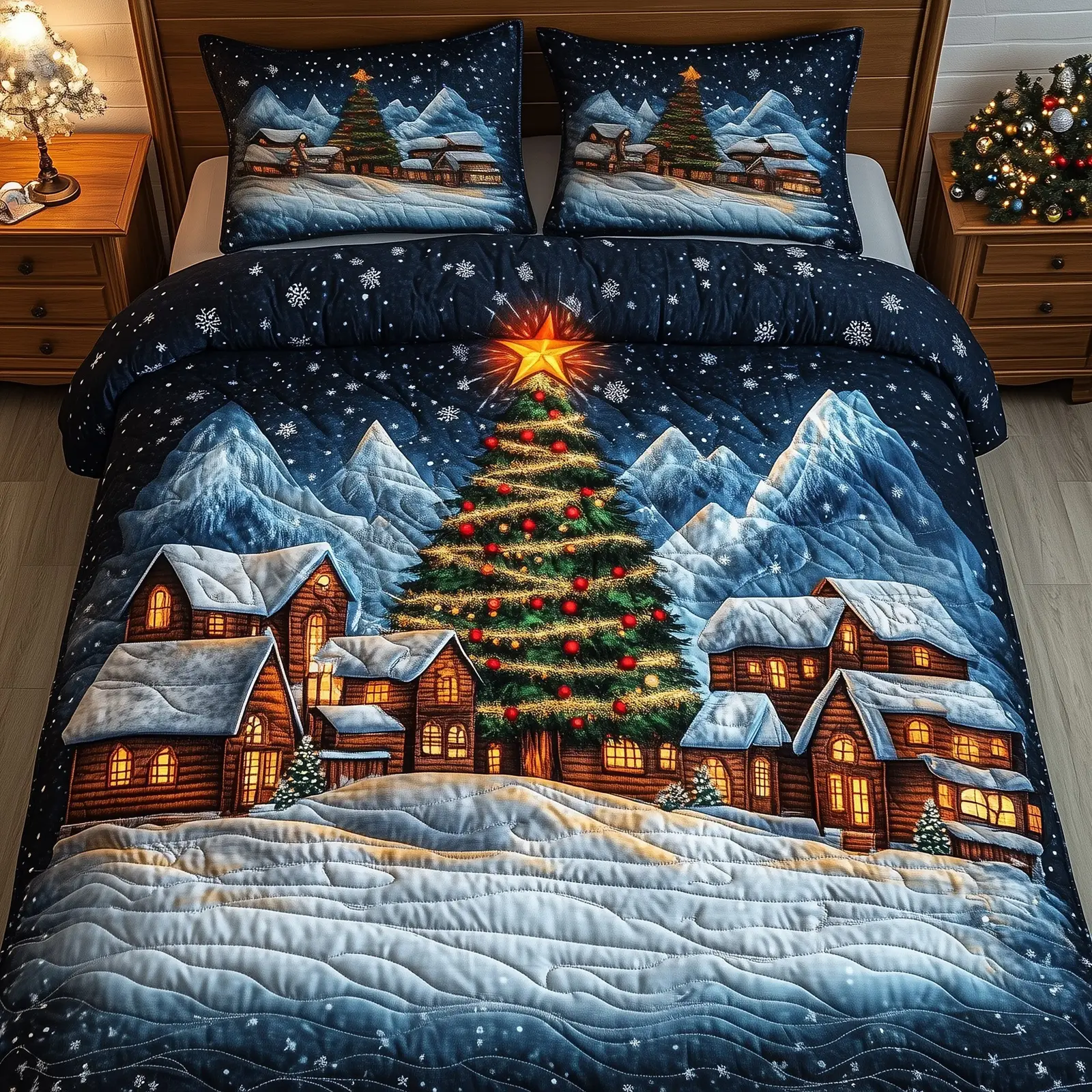 Festive Town Christmas Quilted Bedding Set Duvet Cover Bedspread Cute Xmas Gifts For Lovers