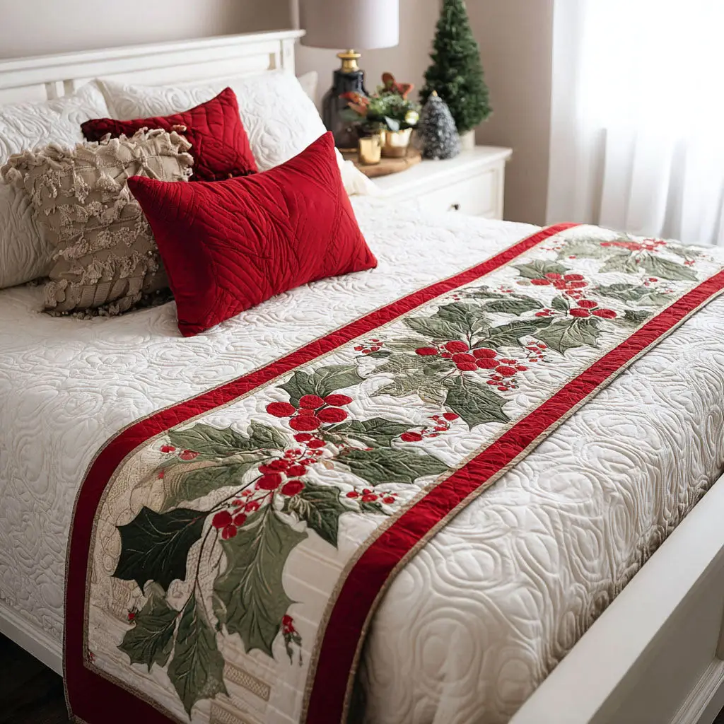 Festive Trees Quilted Bed Runner Christmas Tree Style Gift for Family Festive Trees Quilted Bed Runner Christmas Tree Style Gift for Family - Image 1