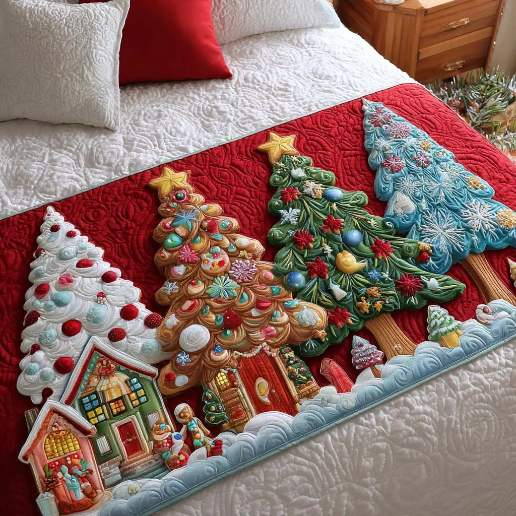 Festive Trees Quilted Bed Runner Festive Holiday Trees Christmas Gift for Aunt