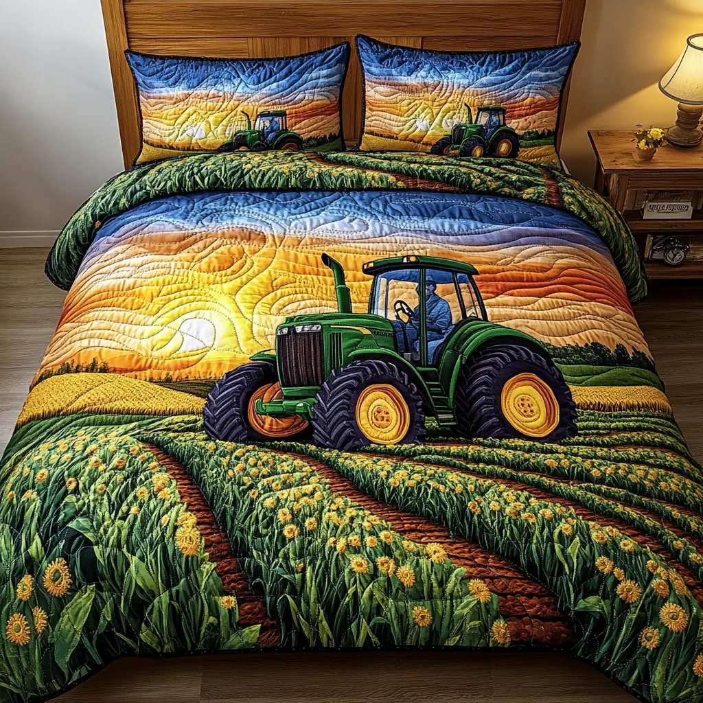 Field Journey Quilted Bedding Set Cool Bedroom Decor Vintage Tractor Gifts
