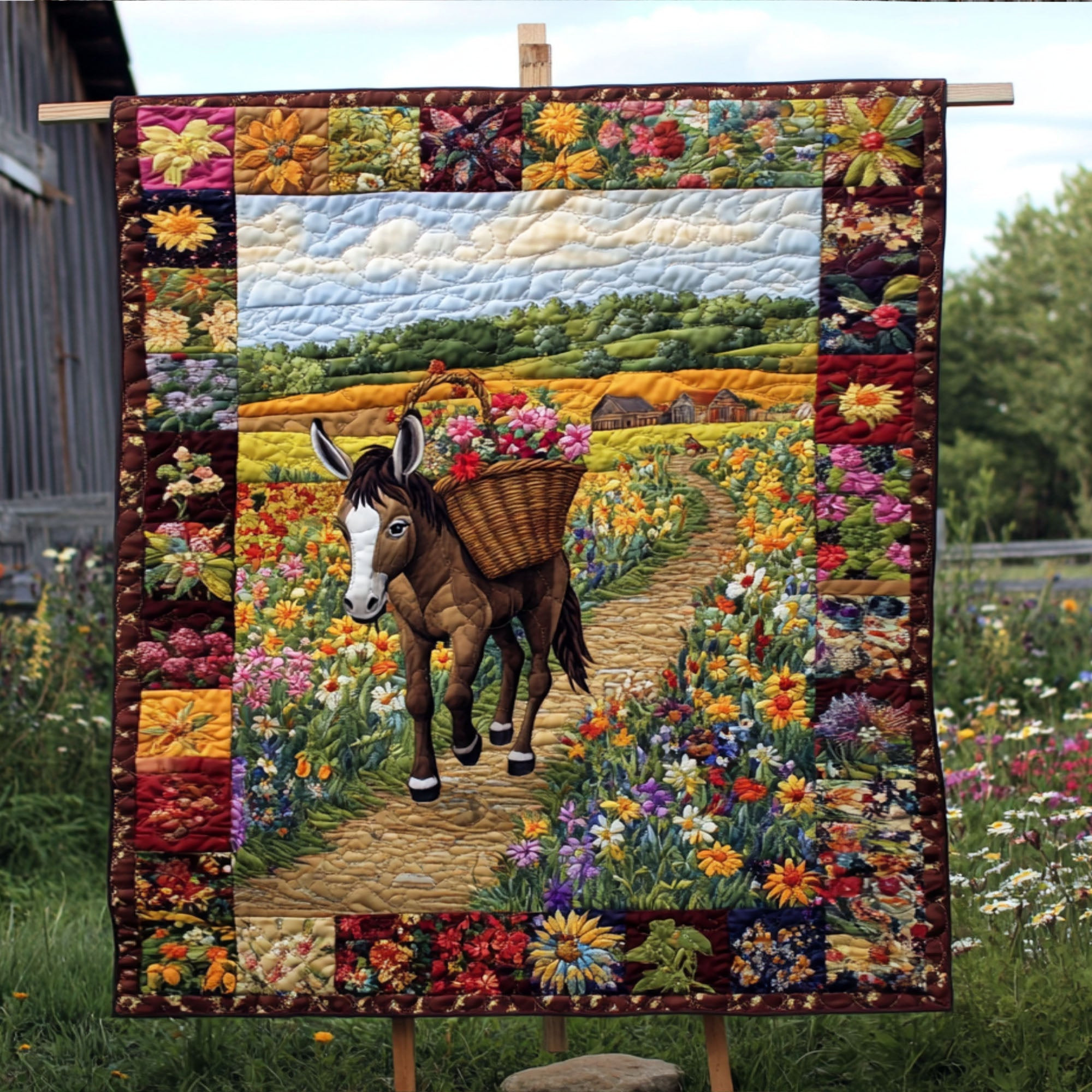 Field of Smiles Quilted Blanket Cute Throw Blanket Donkey Christmas Gifts