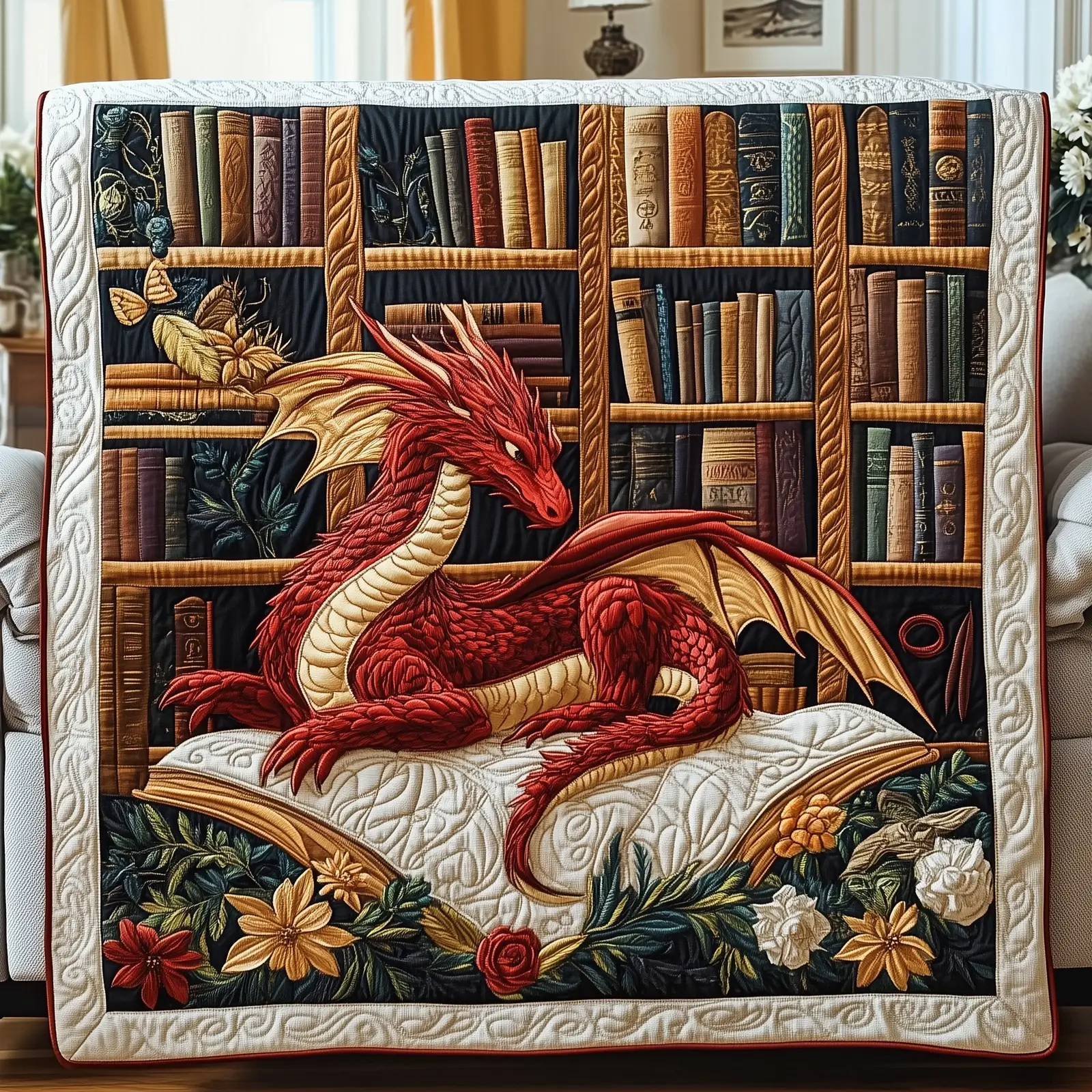 Fire Dragon Quilted Blanket Book Lover Fantasy Design Unique Gift For Dragon And Book Lover