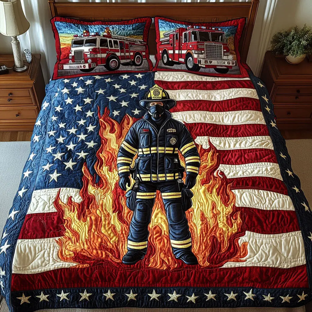 Firefighter Patriot Quilted Bedding Set King Size Bed Set Best 4Th Of July Gifts Firefighter Patriot Quilted Bedding Set King Size Bed Set Best 4Th Of July Gifts - Image 1