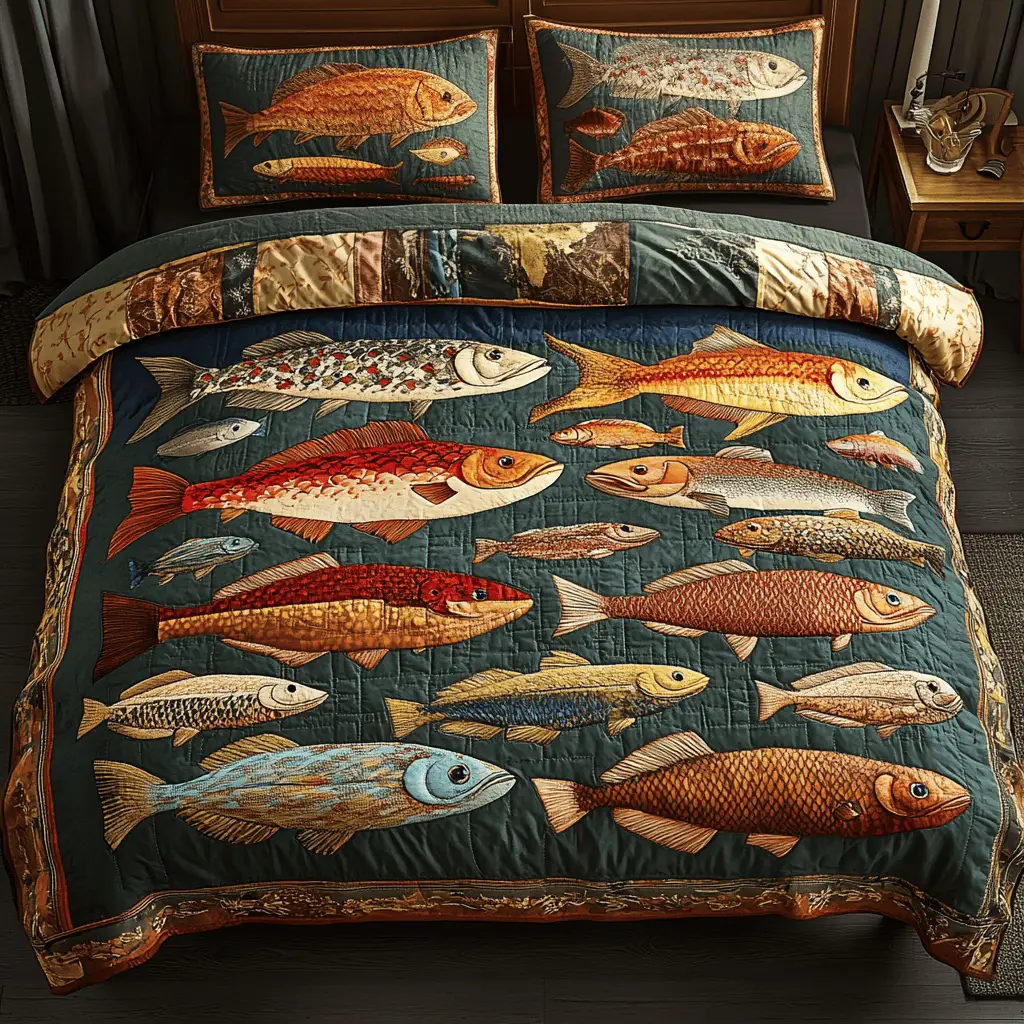 Fish Oasis Quilted Bedding Set Luxury Comforter Gift Set for Him or Her Fish Oasis Quilted Bedding Set Luxury Comforter Gift Set for Him or Her - Image 1