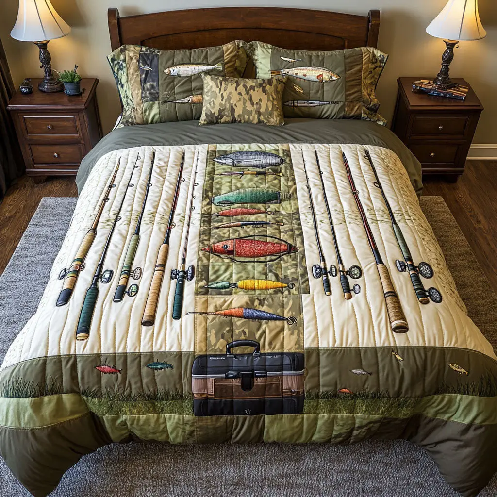 Fishing Adventure Quilted Bedding Set Queen Size Comforter Outdoors Gift For Dad