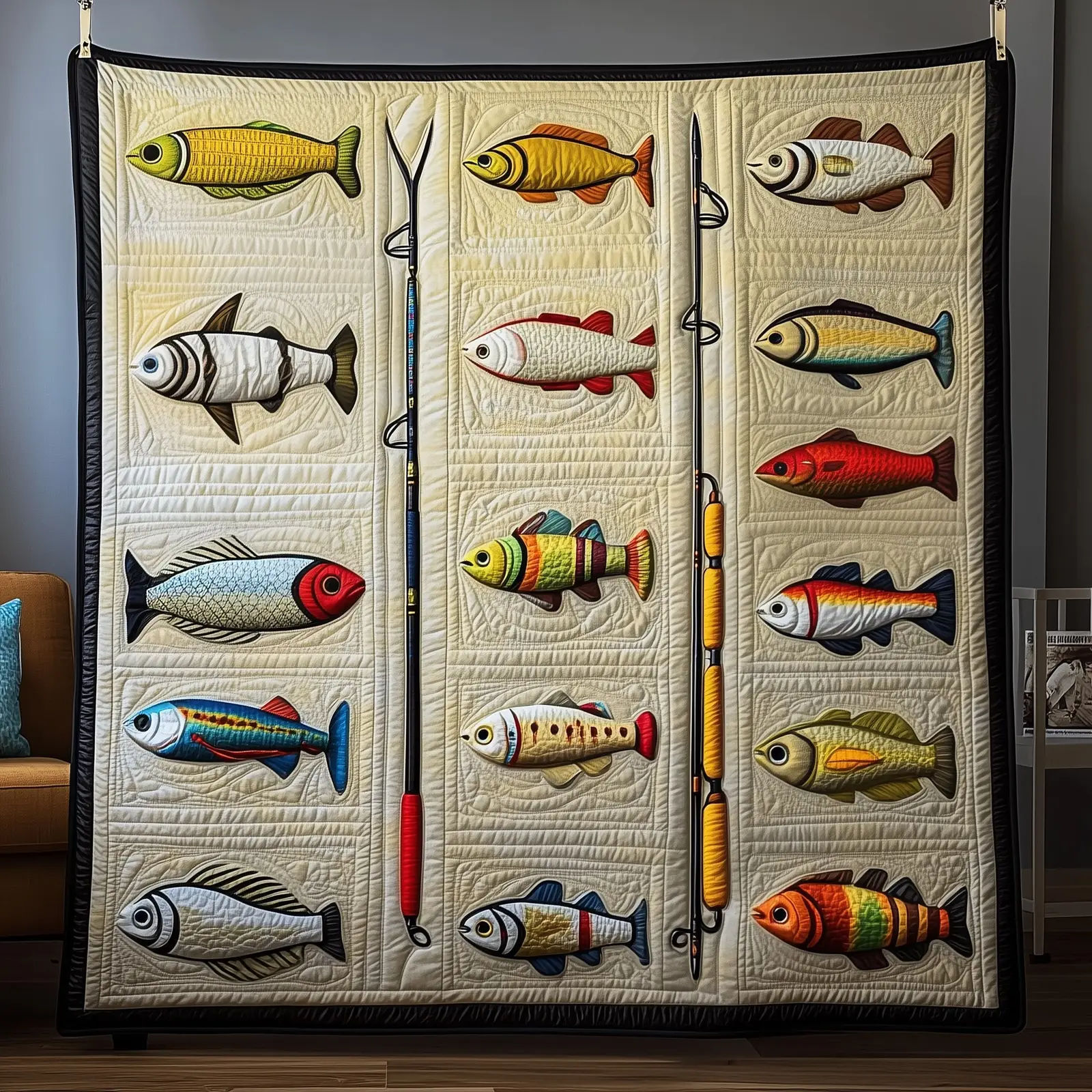 Fishing Delights Quilted Blanket Durable Fishing Art Blanket Best Gifts For Fisherman 2025