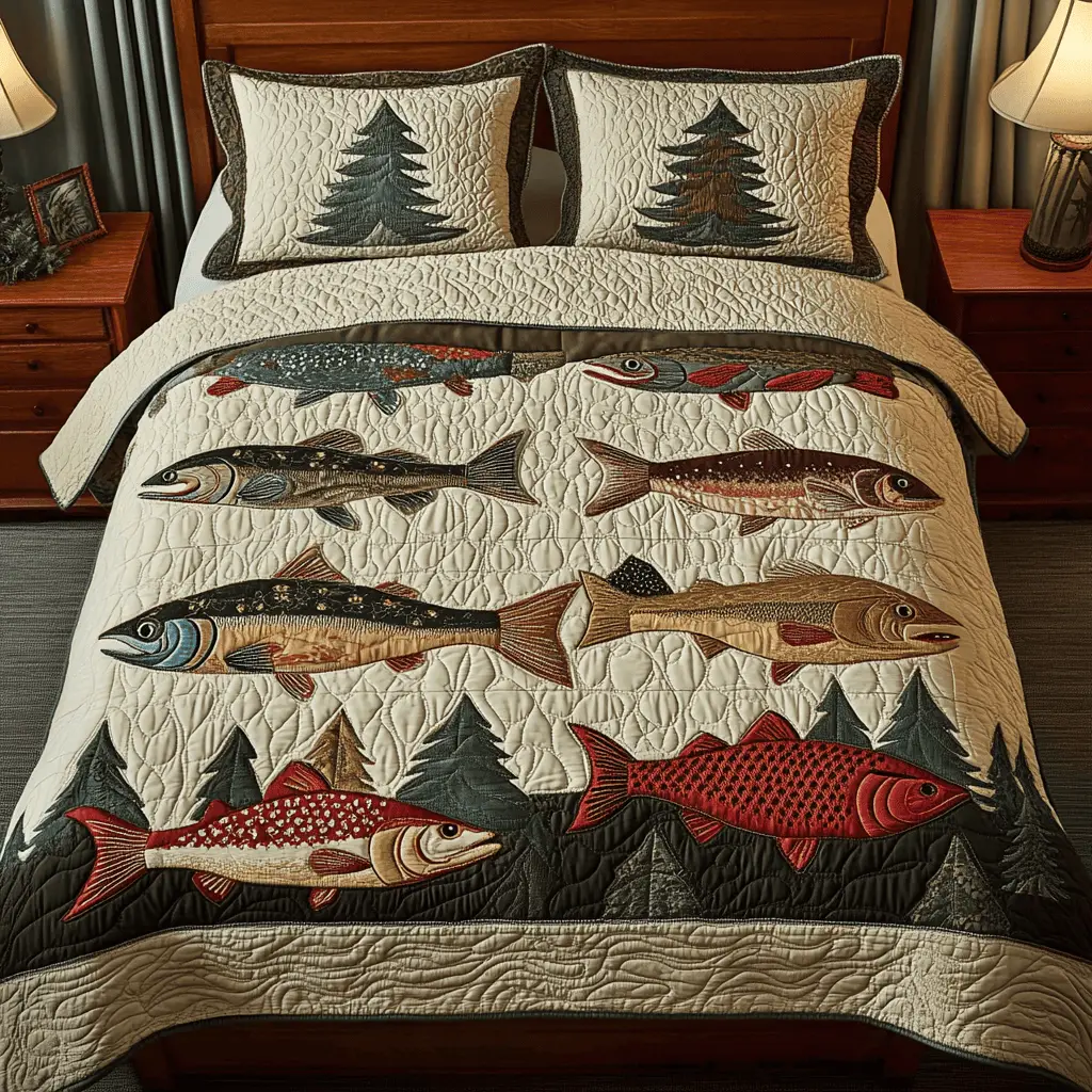 Fishing Quilt Bedding Set Vibrant Trout Duvet Covers Father's Day Gifts For Dad