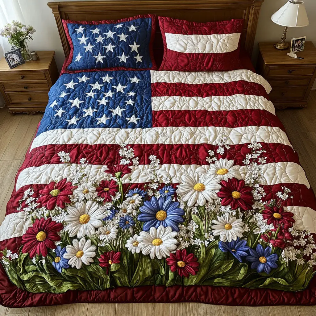 Flag and Flowers  Quilted Bedding Set  King Size Duvet Cover 4Th Of July Themed Gifts